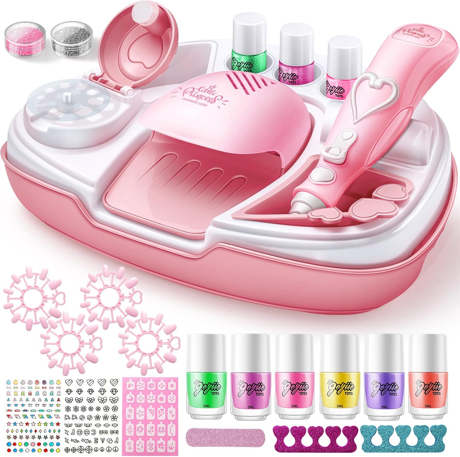 Geyiie Kids Nail Polish Set for Girls, Nail Salon Toys, Nail Decals for Nail Art for Little Girls, Kids Nail Kit with Storage Space, Fake Nails, Nail Dryer, Kids Makeup Kit as Party Favor Gifts